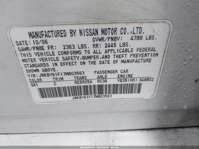 Продаж на аукціоні авто 2007 Infiniti G35x, vin: JNKBV61F17M803563, номер лоту: 45267271