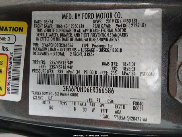 3FA6P0HD6ER366586 Ford FUSION SE