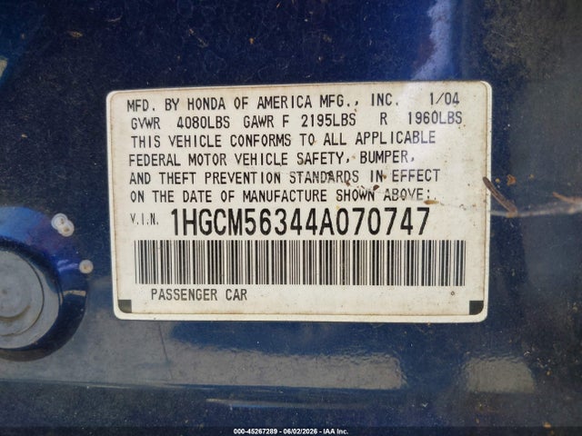 Продажа на аукционе авто 2004 Honda Accord 2.4 Lx, vin: 1HGCM56344A070747, номер лота: 45267289