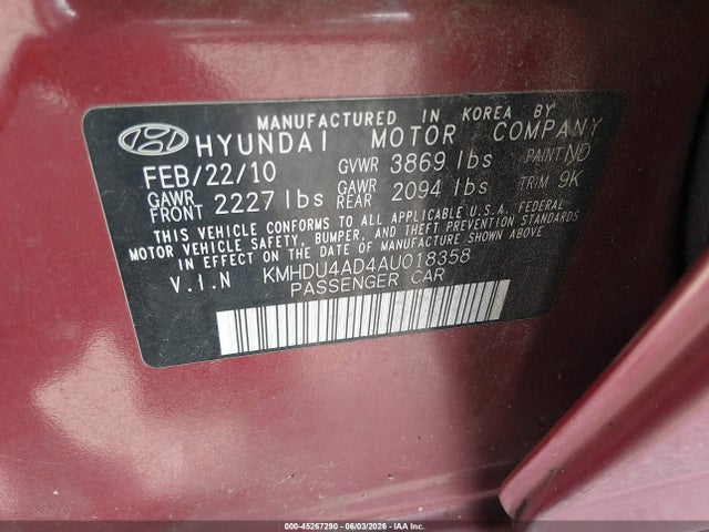 Продажа на аукционе авто 2010 Hyundai Elantra Gls, vin: KMHDU4AD4AU018358, номер лота: 45267290