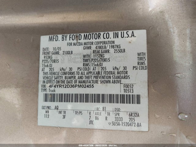 Aukcja sprzedaży 2006 Mazda B2300, vin: 4F4YR12D36PM02455, numer aukcji: 45267306