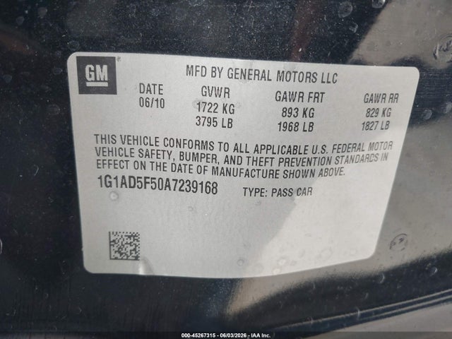 Продажа на аукционе авто 2010 Chevrolet Cobalt Lt, vin: 1G1AD5F50A7239168, номер лота: 45267315
