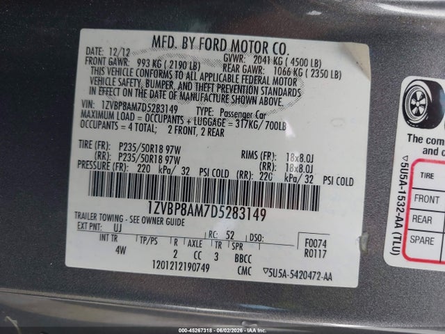 Aukcja sprzedaży 2013 Ford Mustang V6 Premium, vin: 1ZVBP8AM7D5283149, numer aukcji: 45267318