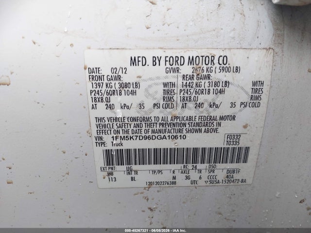 45267321 :رقم المزاد ، 1FM5K7D96DGA10610 vin ، 2013 Ford Explorer Xlt مزاد بيع