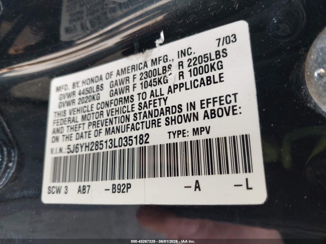 45267328 :رقم المزاد ، 5J6YH28513L035182 vin ، 2003 Honda Element Ex مزاد بيع
