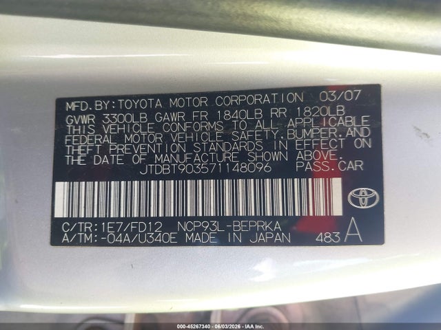 45267340 :رقم المزاد ، JTDBT903571148096 vin ، 2007 Toyota Yaris مزاد بيع