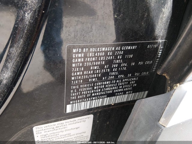 Aukcja sprzedaży 2015 Volkswagen Tiguan Sel, vin: WVGBV7AX9FW572085, numer aukcji: 45267348