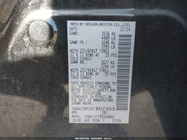 Aukcja sprzedaży 2015 Nissan Rogue Sv, vin: 5N1AT2MT2FC807408, numer aukcji: 45267350