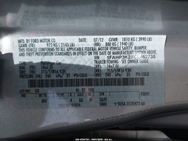 Aukcja sprzedaży 2012 Ford Focus Se, vin: 1FAHP3K2XCL462735, numer aukcji: 45267351