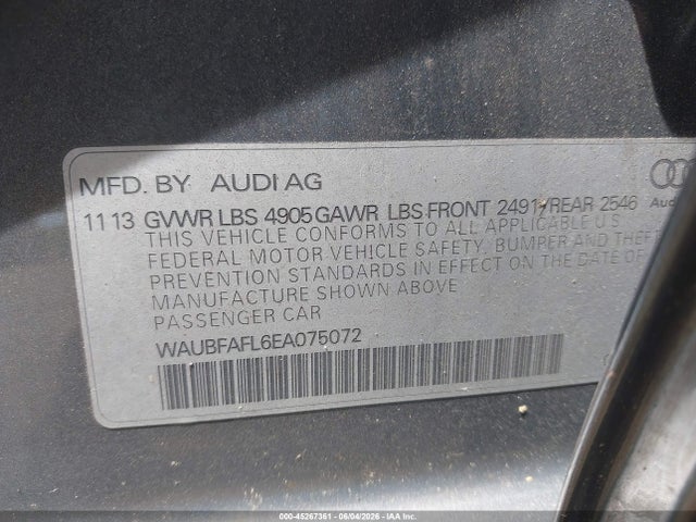 45267361 :رقم المزاد ، WAUBFAFL6EA075072 vin ، 2014 Audi A4 2.0t Premium مزاد بيع