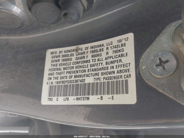 Aukcja sprzedaży 2012 Honda Civic Lx, vin: 19XFB2F53CE387402, numer aukcji: 45267377