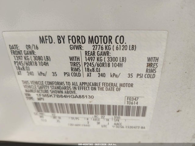 45267383 :رقم المزاد ، 1FM5K7B84HGA85130 vin ، 2017 Ford Explorer مزاد بيع