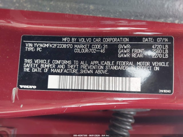 2015 Volvo S60 T5 Premier მანქანა იყიდება აუქციონზე, vin: YV140MFK2F2338170, აუქციონის ნომერი: 45267385