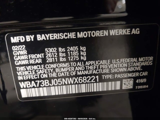 Aukcja sprzedaży 2022 Bmw 540 I Xdrive, vin: WBA73BJ05NWX68221, numer aukcji: 45267392