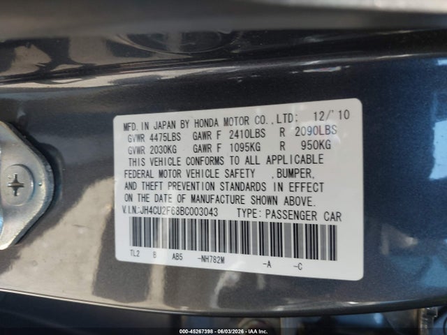 2011 Acura Tsx 2.4 მანქანა იყიდება აუქციონზე, vin: JH4CU2F68BC003043, აუქციონის ნომერი: 45267398