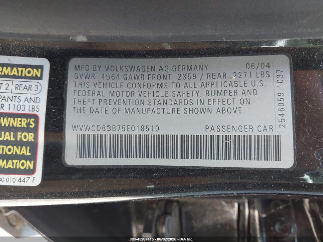 Aukcja sprzedaży 2005 Volkswagen Passat Gls, vin: WVWCD63B75E018510, numer aukcji: 45267415