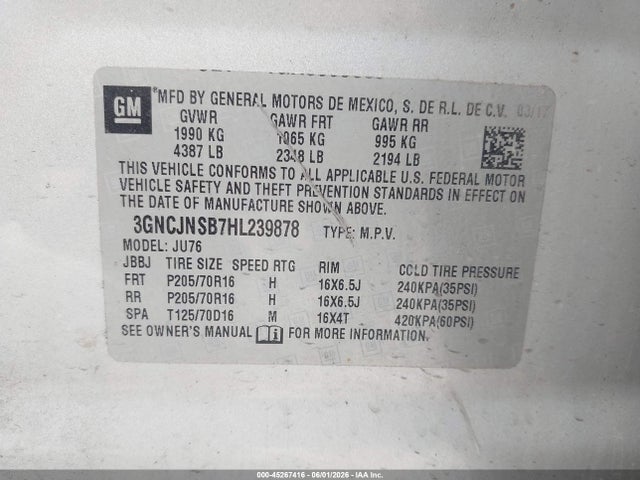 45267416 :رقم المزاد ، 3GNCJNSB7HL239878 vin ، 2017 Chevrolet Trax Ls مزاد بيع