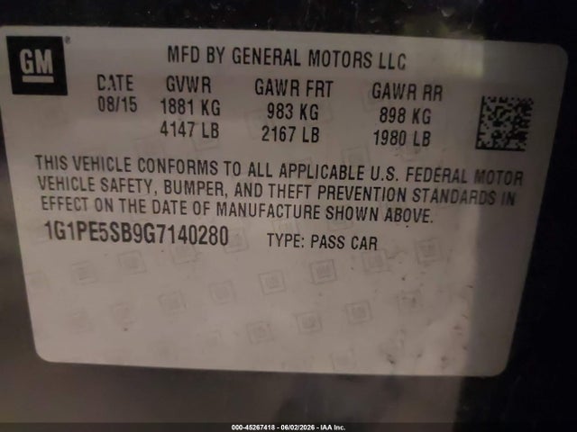 Продажа на аукционе авто 2016 Chevrolet Cruze Limited 1lt Auto, vin: 1G1PE5SB9G7140280, номер лота: 45267418