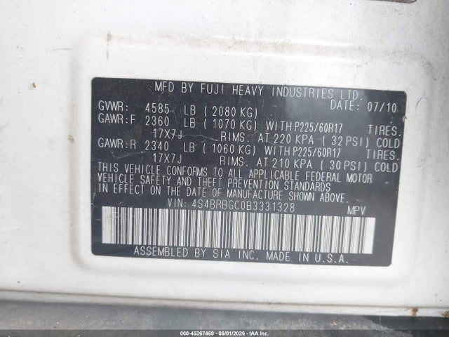 45267469 :رقم المزاد ، 4S4BRBGC0B3331328 vin ، 2011 Subaru Outback 2.5i Premium مزاد بيع