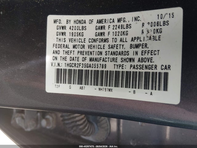 Aukcja sprzedaży 2016 Honda Accord Lx, vin: 1HGCR2F35GA055789, numer aukcji: 45267475