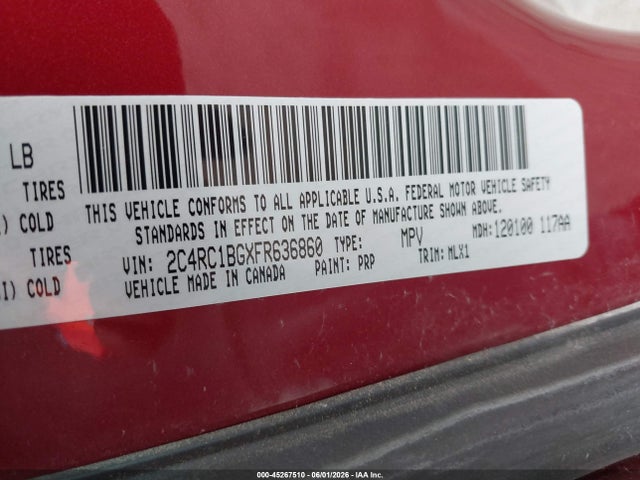 45267510 :رقم المزاد ، 2C4RC1BGXFR636860 vin ، 2015 Chrysler Town & Country Touring مزاد بيع