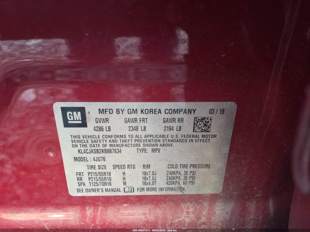 Aukcja sprzedaży 2019 Buick Encore Fwd Preferred, vin: KL4CJASB2KB887634, numer aukcji: 45267513