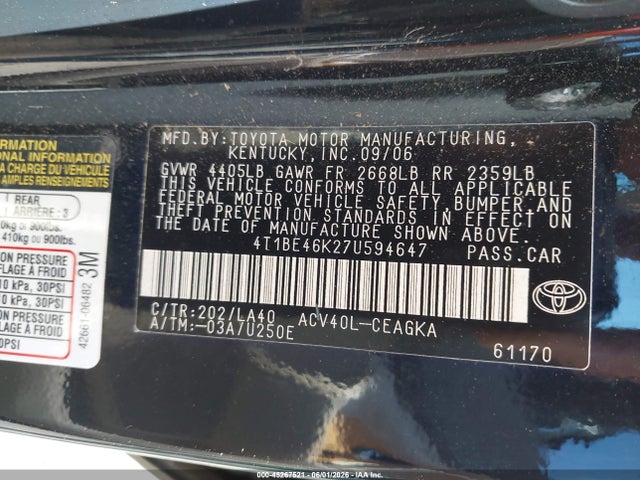 45267521 :رقم المزاد ، 4T1BE46K27U594647 vin ، 2007 Toyota Camry Xle مزاد بيع