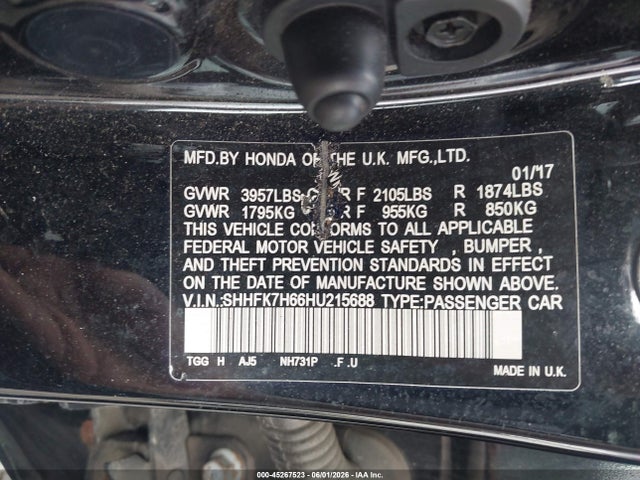 45267523 :رقم المزاد ، SHHFK7H66HU215688 vin ، 2017 Honda Civic Ex مزاد بيع