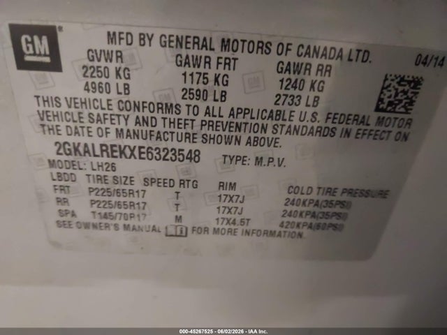 45267525 :رقم المزاد ، 2GKALREKXE6323548 vin ، 2014 Gmc Terrain Sle-2 مزاد بيع