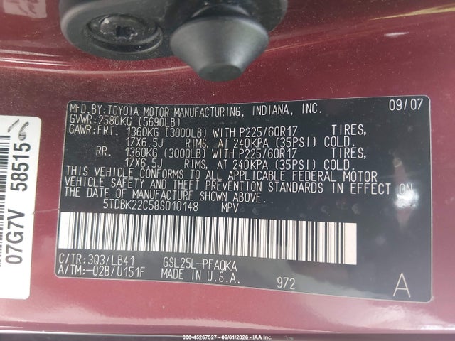 Aukcja sprzedaży 2008 Toyota Sienna Limited, vin: 5TDBK22C58S010148, numer aukcji: 45267527