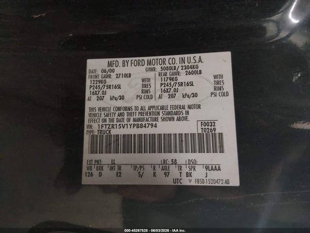 45267528 :رقم المزاد ، 1FTZR15V1YPB84794 vin ، 2000 Ford Ranger Xl/xlt مزاد بيع