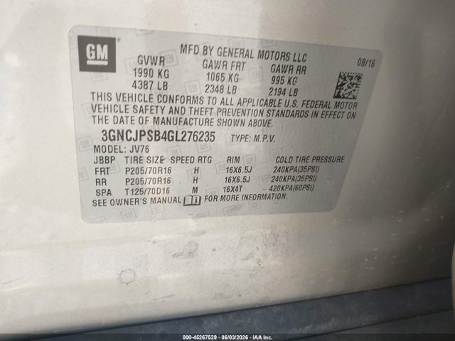 Продаж на аукціоні авто 2016 Chevrolet Trax Lt, vin: 3GNCJPSB4GL276235, номер лоту: 45267529