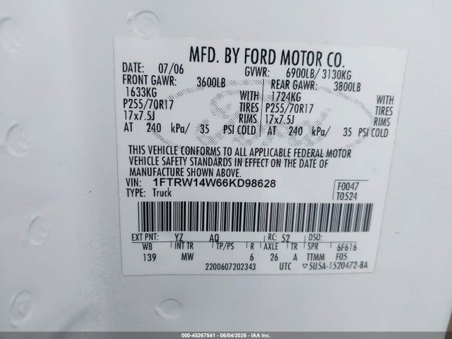 2006 Ford F-150 Xlt მანქანა იყიდება აუქციონზე, vin: 1FTRW14W66KD98628, აუქციონის ნომერი: 45267541