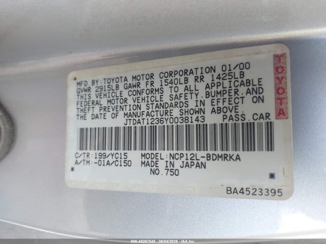 2000 Toyota Echo მანქანა იყიდება აუქციონზე, vin: JTDAT1236Y0038143, აუქციონის ნომერი: 45267548