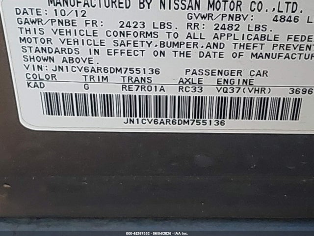 Продаж на аукціоні авто 2013 Infiniti G37x, vin: JN1CV6AR6DM755136, номер лоту: 45267552