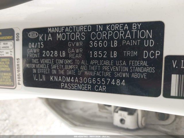 45267553 :رقم المزاد ، KNADM4A30G6557484 vin ، 2016 Kia Rio Lx مزاد بيع