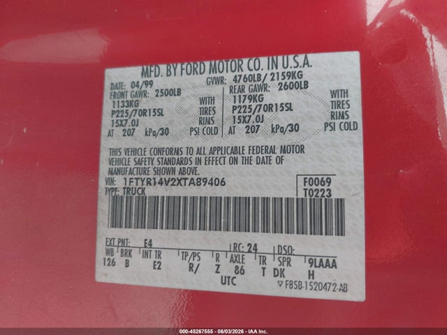 45267555 :رقم المزاد ، 1FTYR14V2XTA89406 vin ، 1999 Ford Ranger Super Cab مزاد بيع
