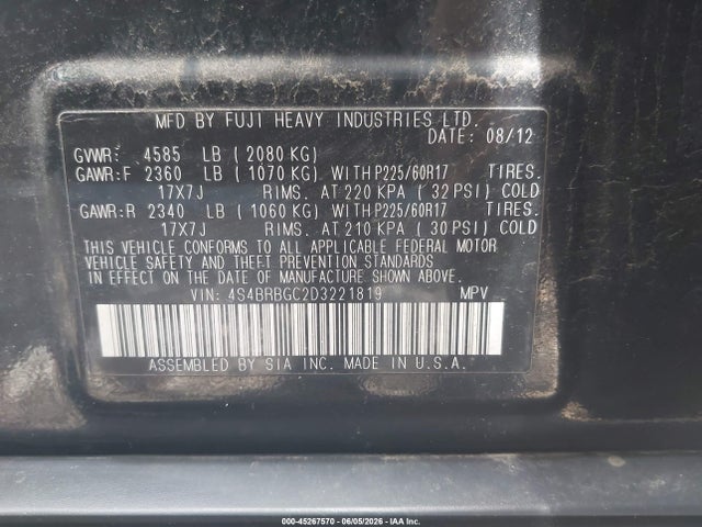 Aukcja sprzedaży 2013 Subaru Outback 2.5i Premium, vin: 4S4BRBGC2D3221819, numer aukcji: 45267570