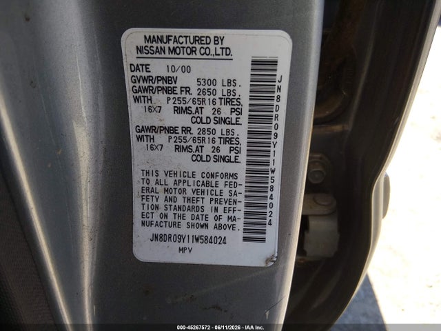 Aukcja sprzedaży 2001 Nissan Pathfinder Se, vin: JN8DR09Y11W584024, numer aukcji: 45267572