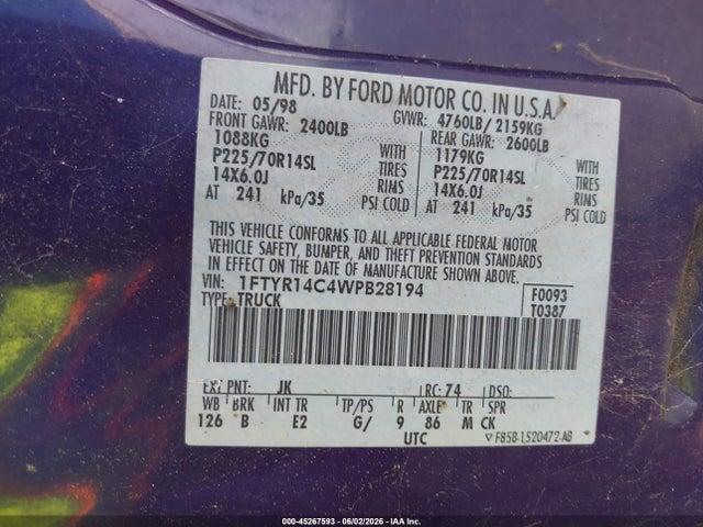 1998 Ford Ranger Xl/xlt მანქანა იყიდება აუქციონზე, vin: 1FTYR14C4WPB28194, აუქციონის ნომერი: 45267593