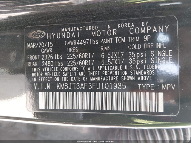 45267598 :رقم المزاد ، KM8JT3AF3FU101935 vin ، 2015 Hyundai Tucson Gls مزاد بيع