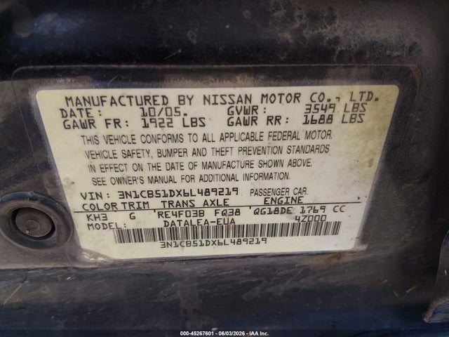 Продаж на аукціоні авто 2006 Nissan Sentra 1.8s, vin: 3N1CB51DX6L489219, номер лоту: 45267601