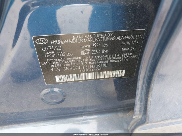 Aukcja sprzedaży 2020 Hyundai Elantra Se, vin: 5NPD74LF3LH609790, numer aukcji: 45267603