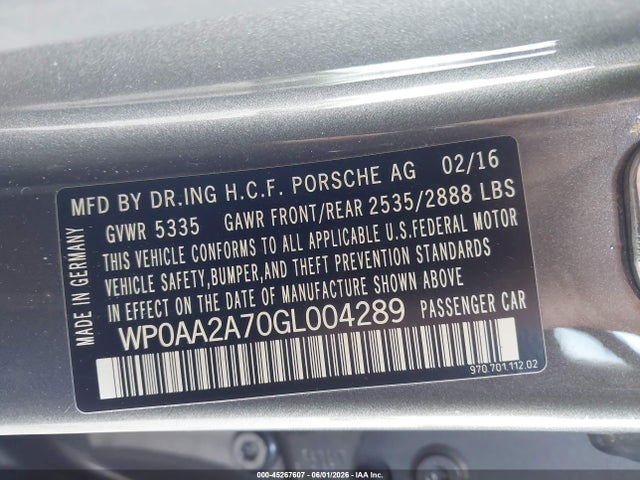 45267607 :رقم المزاد ، WP0AA2A70GL004289 vin ، 2016 Porsche Panamera 4 مزاد بيع