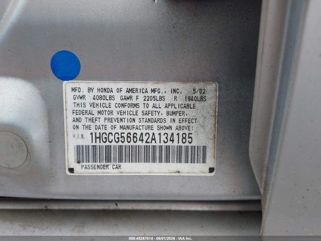 Aukcja sprzedaży 2002 Honda Accord 2.3 Ex, vin: 1HGCG56642A134185, numer aukcji: 45267614