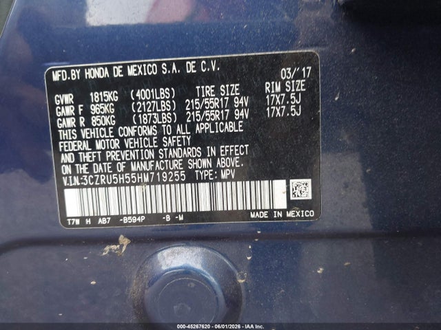 45267620 :رقم المزاد ، 3CZRU5H55HM719255 vin ، 2017 Honda Hr-v Ex مزاد بيع