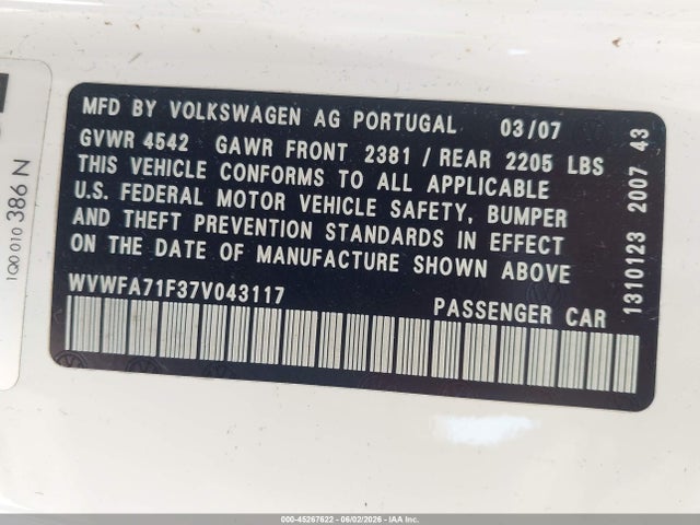2007 Volkswagen Eos 2.0t მანქანა იყიდება აუქციონზე, vin: WVWFA71F37V043117, აუქციონის ნომერი: 45267622