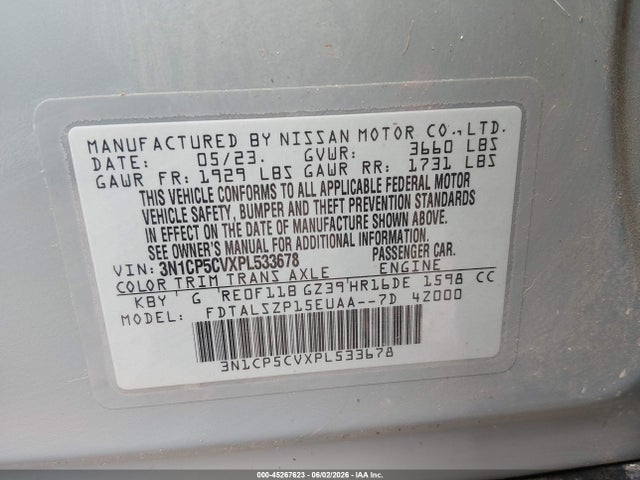 Продажа на аукционе авто 2023 Nissan Kicks Sv Xtronic Cvt, vin: 3N1CP5CVXPL533678, номер лота: 45267623