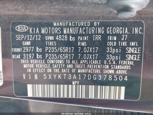 Aukcja sprzedaży 2013 Kia Sorento Lx, vin: 5XYKT3A17DG378504, numer aukcji: 45267628