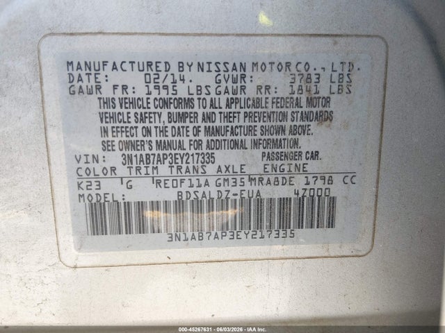 Aukcja sprzedaży 2014 Nissan Sentra Fe+ S/fe+ Sv/s/sl/sr/sv, vin: 3N1AB7AP3EY217335, numer aukcji: 45267631